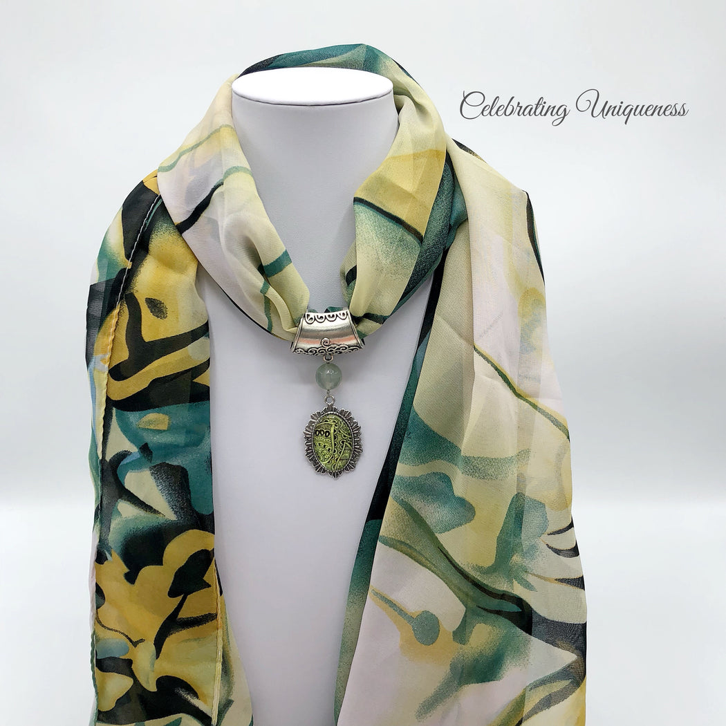 Silver Scarf Pendant with gemstone and green artwork pendant - MeCelebratingU