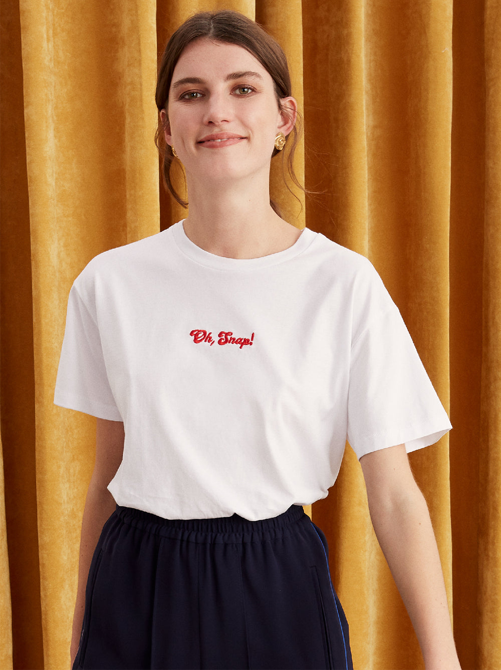 Oh Snap White Embroidered Cotton T-shirt by KITRI Studio