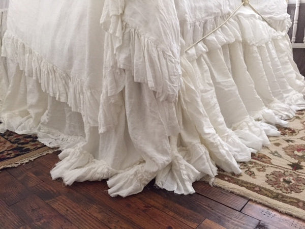 Romantic Washed Linen Bedding-King-Long Ruffled Duvet and Torn Ruffle Bed Skirt-Shams