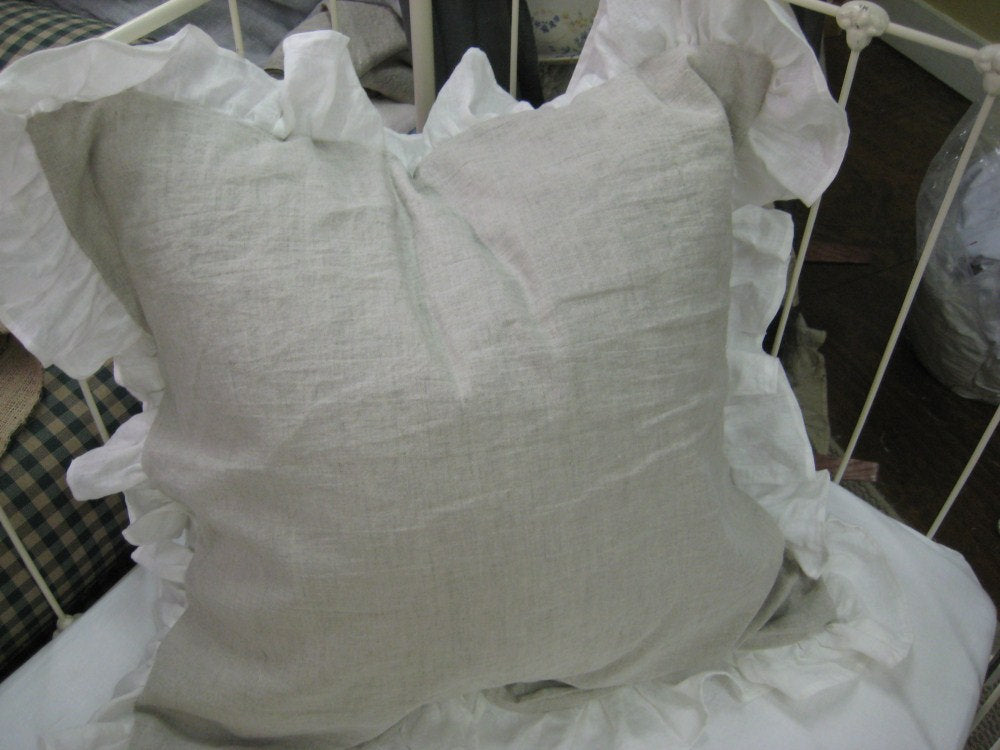 Ruffled Washed Linen Euro Shams- Washed Linen Euro Shams with 4" Ruffled Perimeter-Zip Closure-Custom Washed Linen Bedding