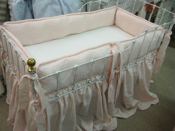 Brother-Sister Washed Linen Tailored Crib Bedding--Gathered Crib Skirts-Classic Crib Bedding Sets for Twins-Little Boy Blue and Ballet Pink