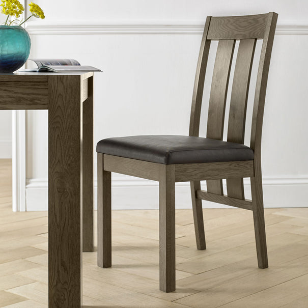 Tuscany Dark Oak Slatted Chair Brown Leather (Pair)