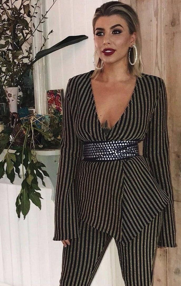Black And Gold Glitter Stripe Bell Sleeve Blazer