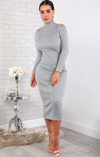Grey Ribbed Long Sleeve Midi Dress