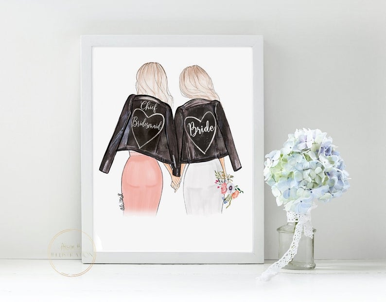 bride and bridesmaid leather jacket art print