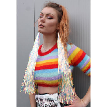 Prismatic Earrings Waist Length bottle blonde fun festival summer holiday tinsel unicorn vibes