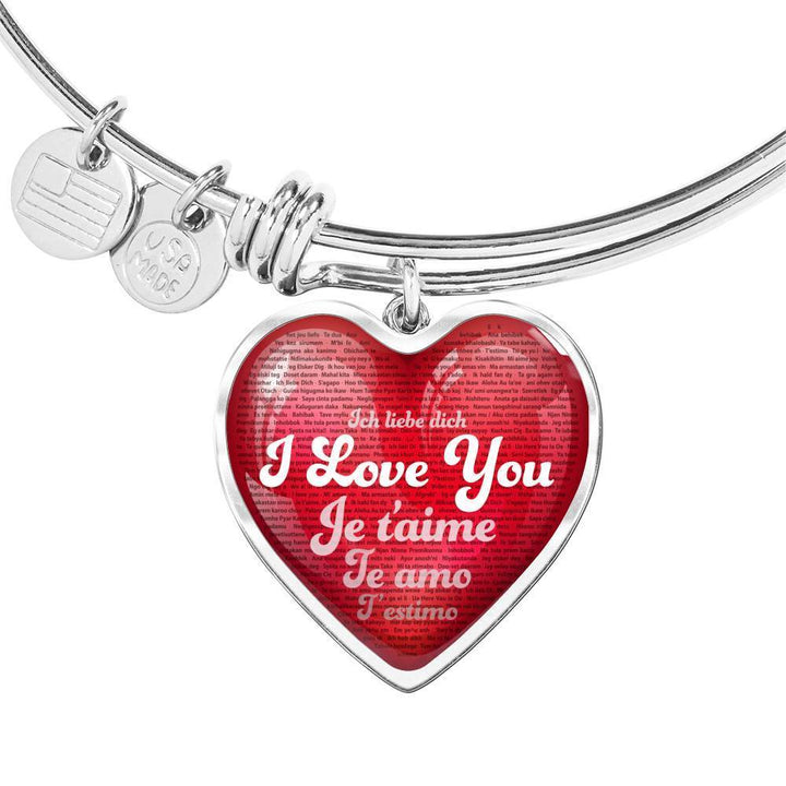 Jewelry Heart Pendant Silver Bangle / No I Love You in 100 Languages - Red Heart Pendant Adjustable Bangle | Kadance Shop ShineOn Fulfillment