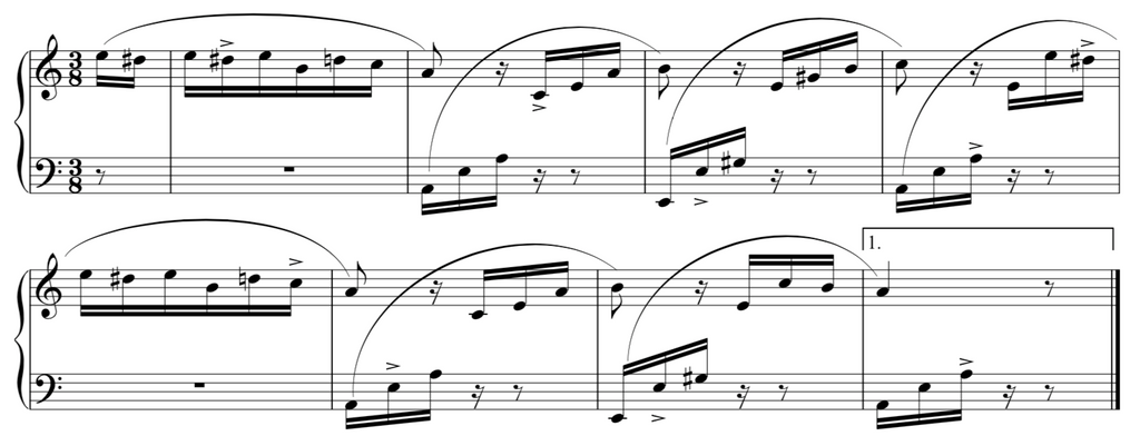 Image of fur elise by ludwig van beethoven taken from the complete classical piano course with incorrectly placed accents