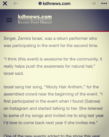 Zemira Israel's 2nd time being in the Killeen Daily Herald via the Armed Forces Natural Hair & Health Expo