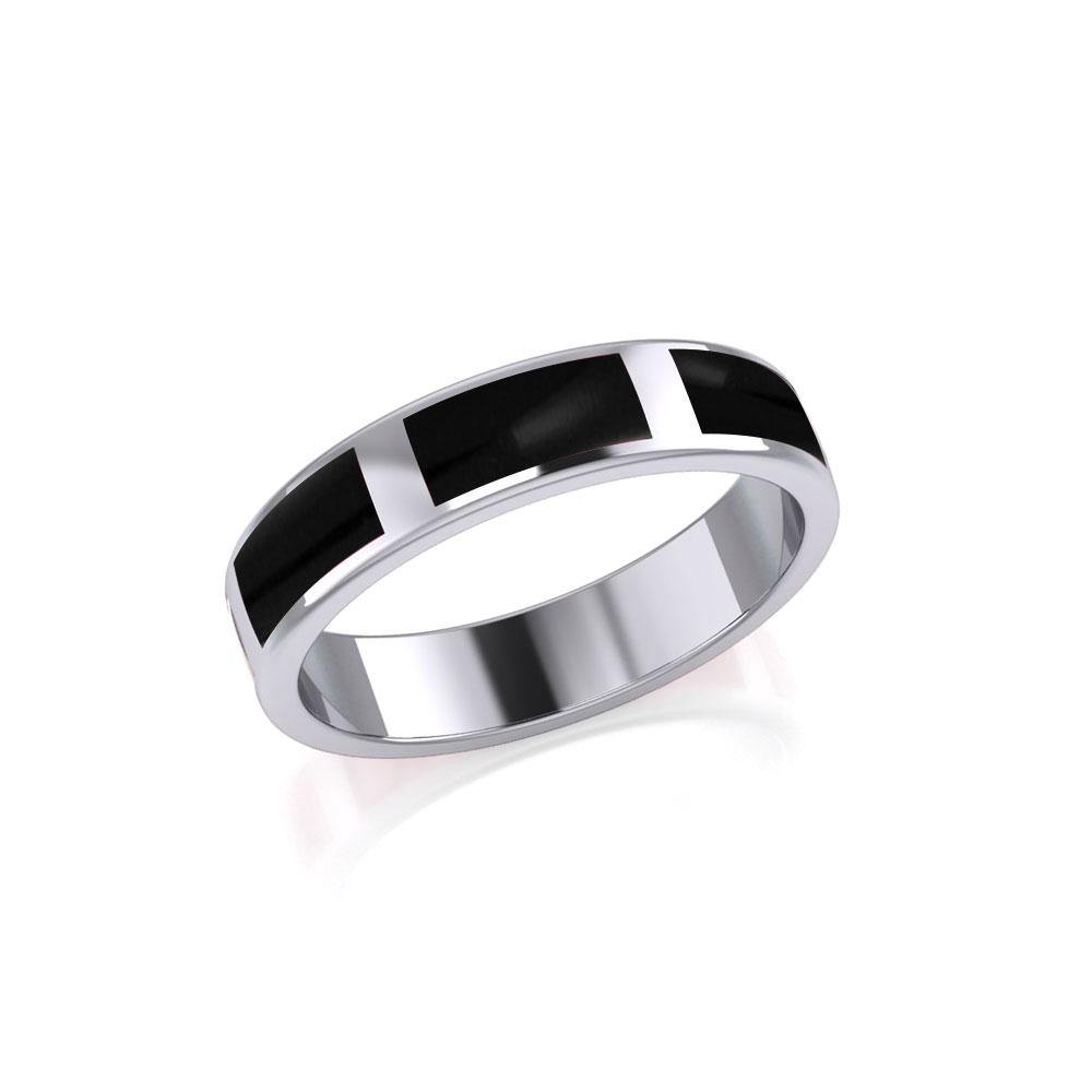 Modern Rectangle Band Inlaid Silver Ring