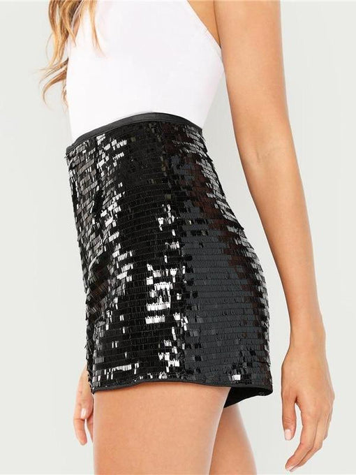 Ashley Black Solid Sequin Shorts