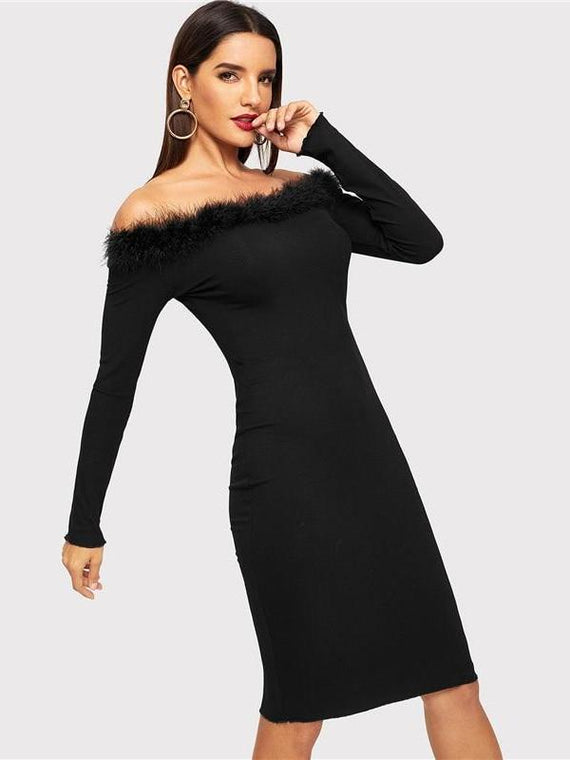 Genevieve Black Off-Shoulder Faux Fur Dress