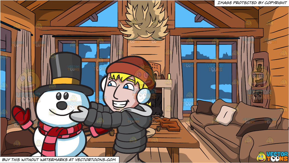 A Man Fixing The Head Of A Happy Snowman And Wood Cabin Living