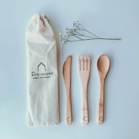 Bamboo cutlery with handy travel bag for plastic free living 