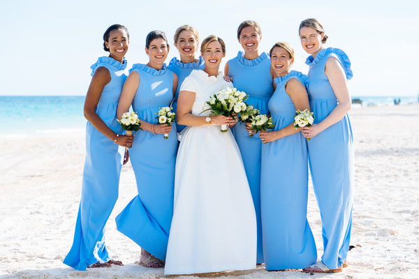 Katy in the Alexandria Wedding Gown & her bridesmaids in the Go Go Gown in Periwinkle