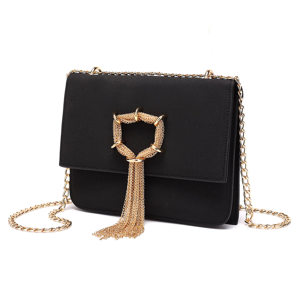 Cable chain fringed faux suede crossbody bag in Black