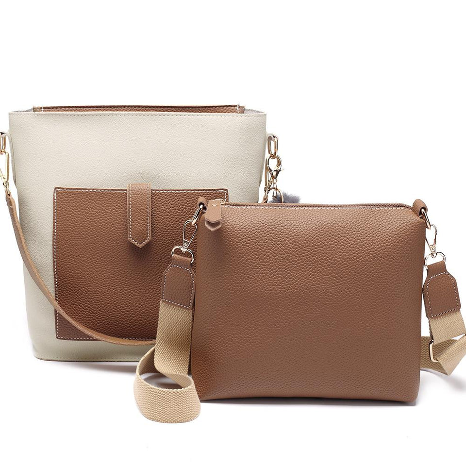 Pompom charm colourblock faux leather 2-in-1 bag in Beige
