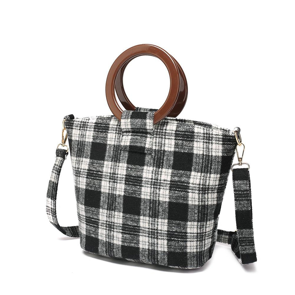 Wood arylic ring handle tartan tote in Black - 2-way carry