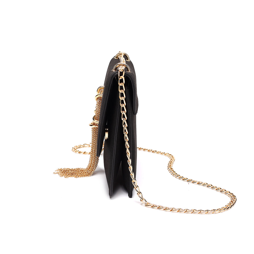 Cable chain fringed faux suede crossbody bag in Black