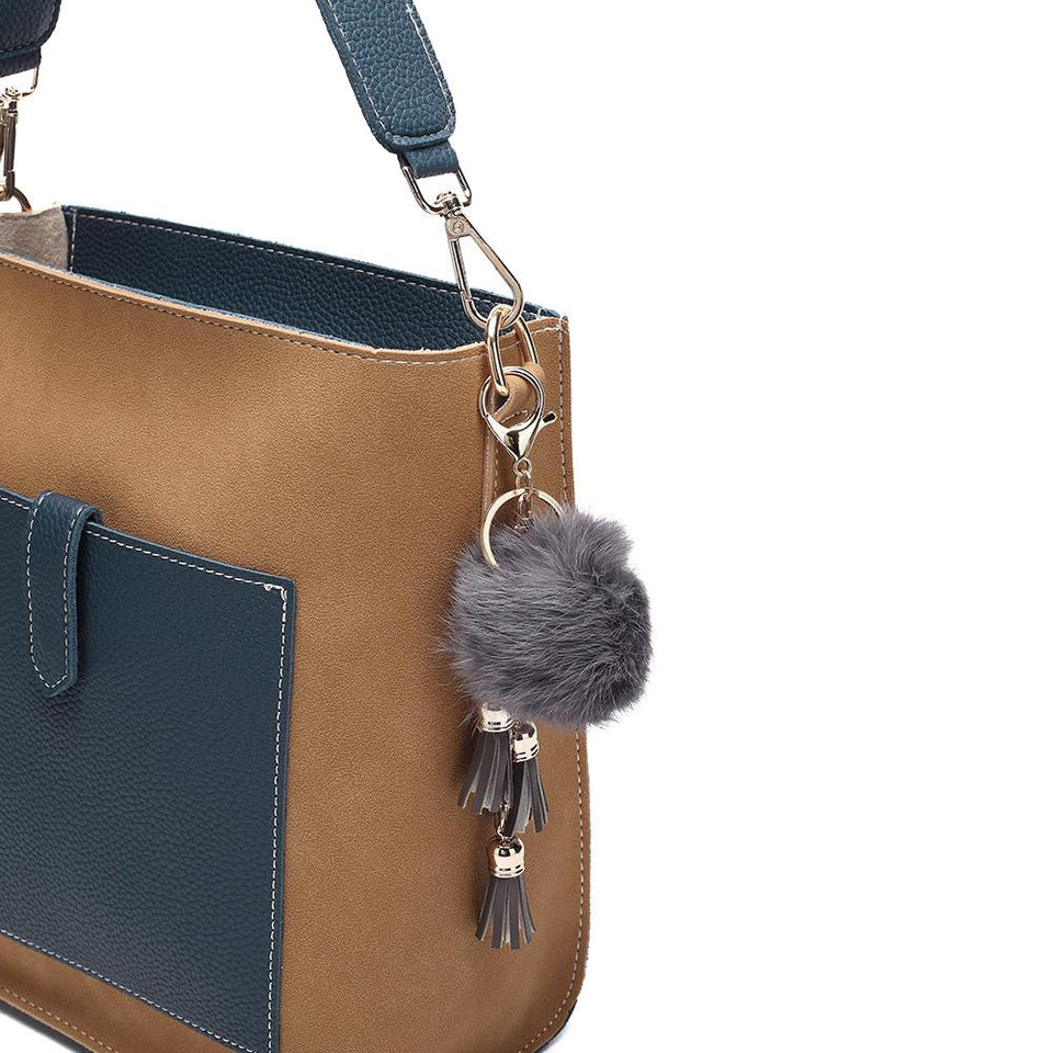 Pompom charm colourblock faux leather 2-in-1 bag in Beige