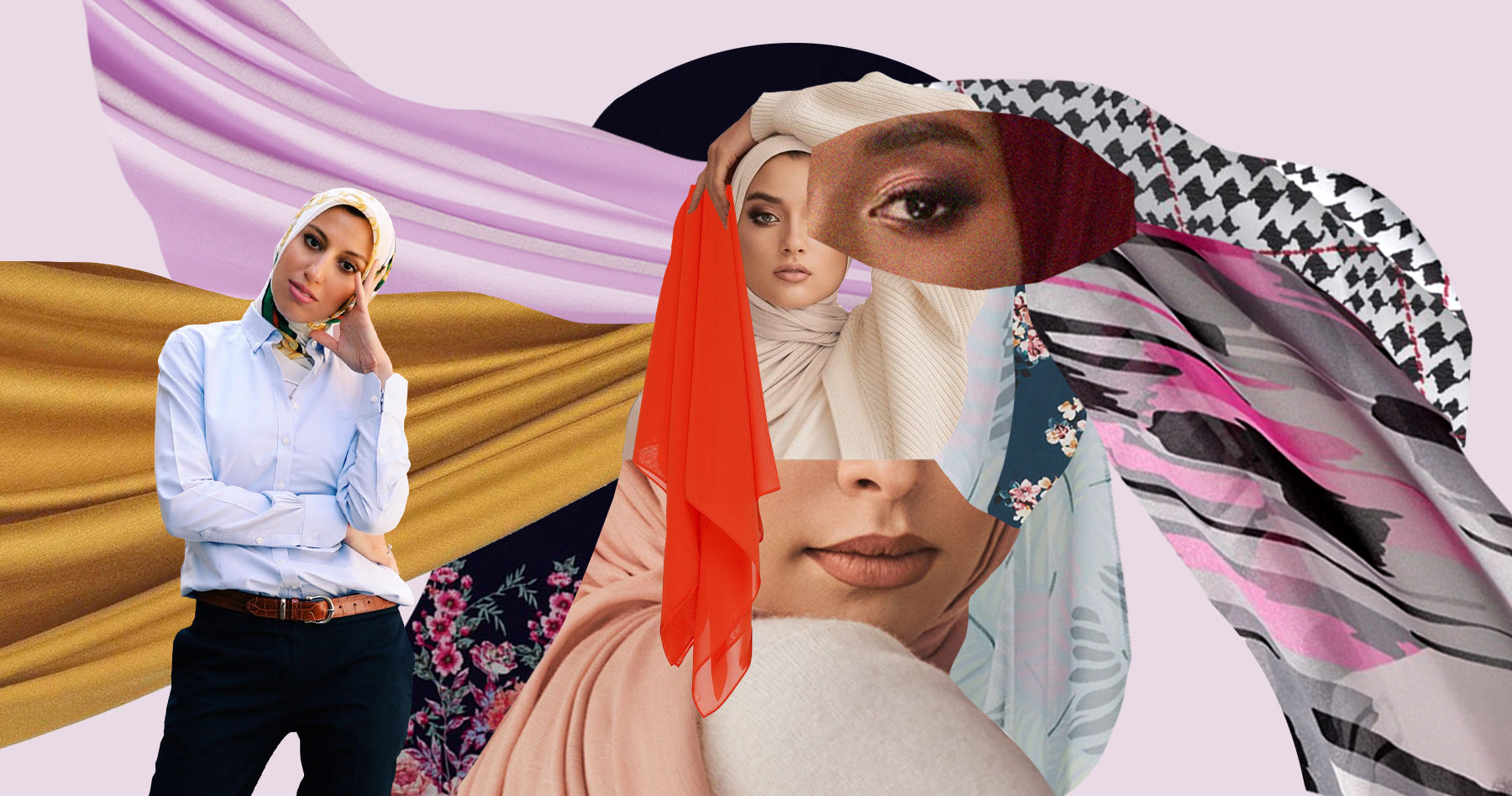 Portrait of Melanie Elturk, founder of Haute Hijab, with collaged swatches of various hijabs next to her. 