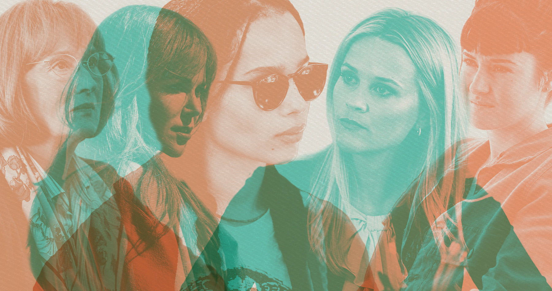Photo collage of the cast of Big Little Lies. From left to right, characters Mary Louise (Meryl Streep), Celeste (Nicole Kidman), Bonnie (Zoë Kravitz), Madeline (Reese Witherspoon) and Jane (Shailene Woodley)