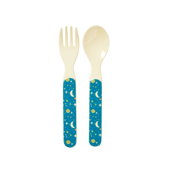 Rice DK | Kids Melamine Spoon and Fork with Blue Universe Print
