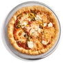 Baked Etalia verdura veggie pizza with white background from top down