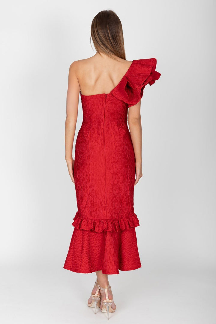 Rosa One Shoulder Ruffle Midi Dress in Red