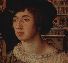 painting of ambrosius holbein wearing hat and smocked shirt