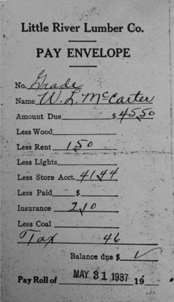 My grandfather, Walter Lee McCarter's pay envelope from May 31, 1937.