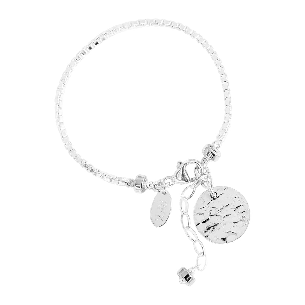 Astra Box Chain Bracelet With Hammered Disc | Silver Disc And Detail