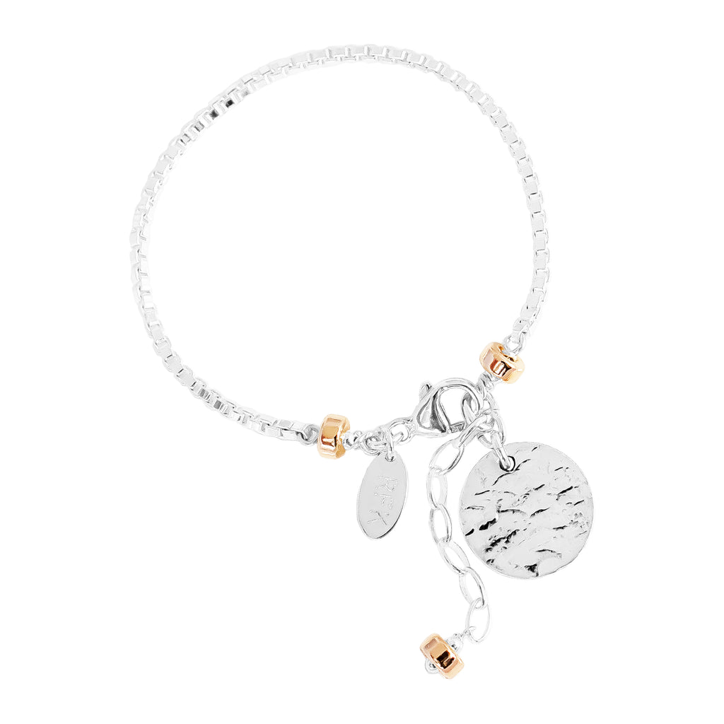 Astra Box Chain Bracelet With Hammered Disc | Silver Disc And Rose Detail