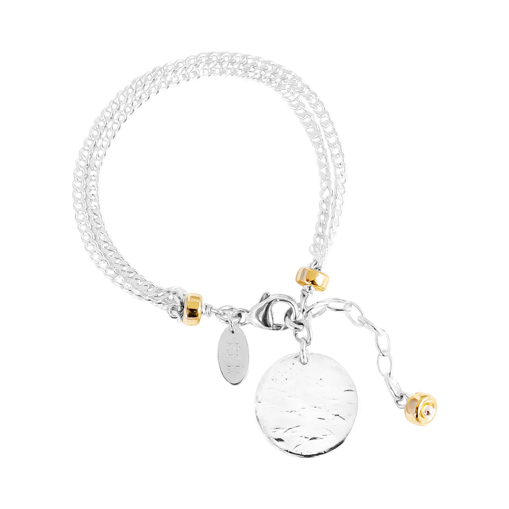 Astra Double Statement Chain Bracelet With Hammered Disc | Silver Disc And Gold Detail