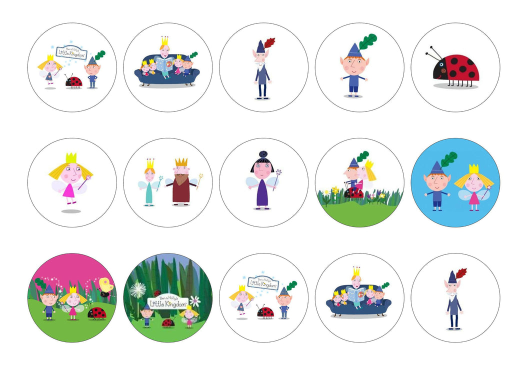 Printed edible cupcake toppers with images of Ben and Holly