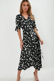 Oriana Black Splatter Print Wrap Midi Dress