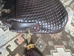 Vintage Bally quilted dark brown leather chain mix shoulder bag, tote bag with chain straps and a tassel to the zipper.