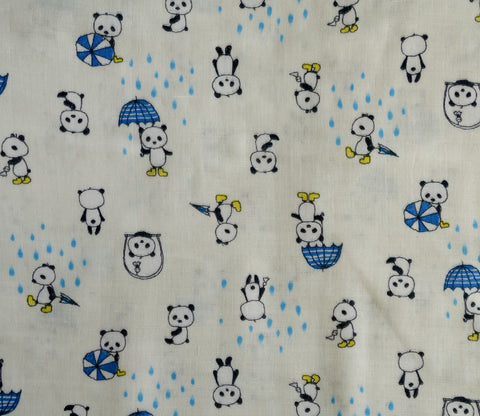 Pandas on Rainy Day in Blue - Double Gauze - Kobayashi Japanese Fabric