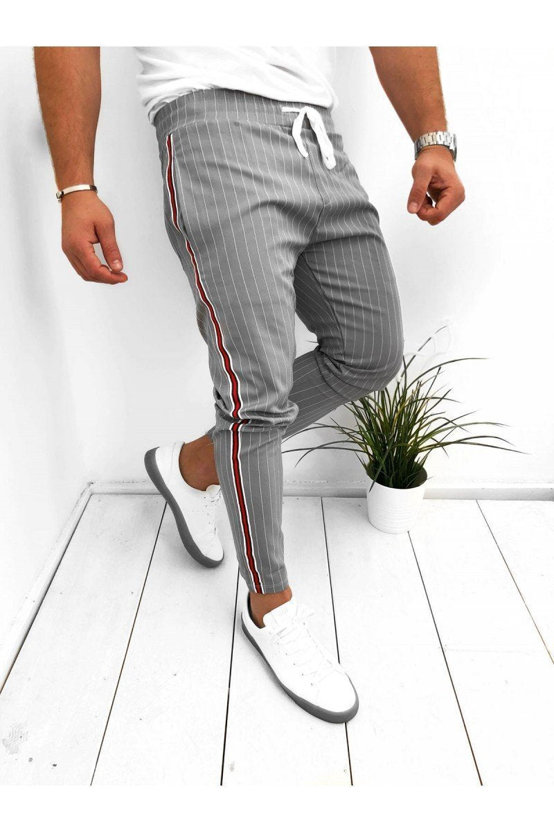 2019 drawstring striped zipper decorated slim pants