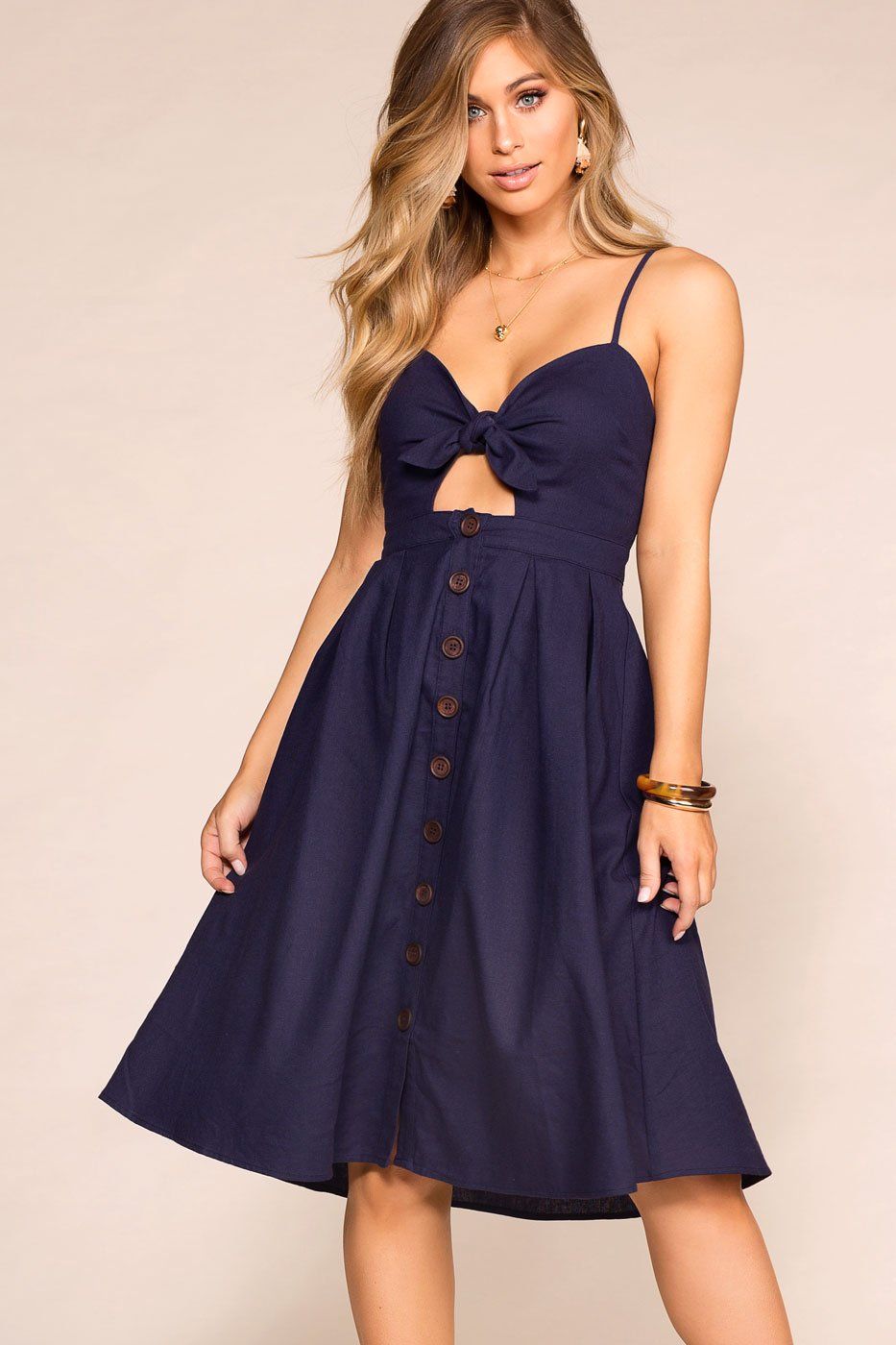 Navy Buttoned Midi Dress