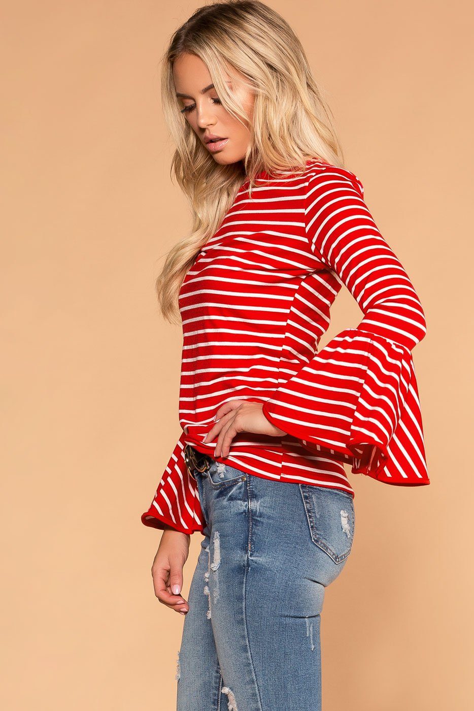 Priceless | Red | Stripe Top | Peplum Sleeves | Womens