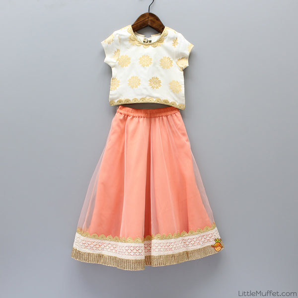 Pre Order: White Top and Peach Ghagra