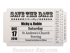 Personalized Vintage Ticket White Save the Date Card with Envelope