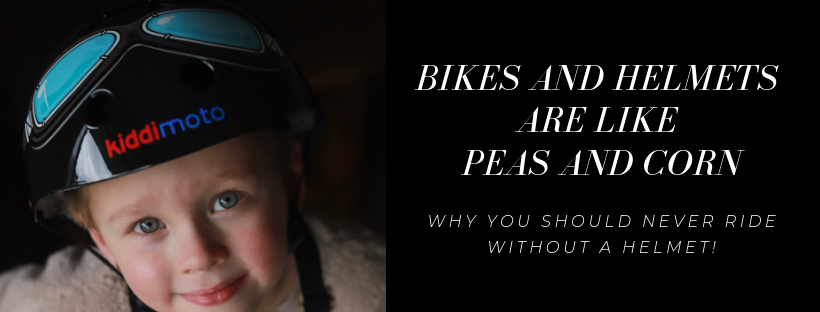 A photo of a boy smiling at the camera with his Black Goggle helmet on, with a caption that reads "Bikes And Helmets Are Like Peas And Corn - Why you should never ride without a helmet"