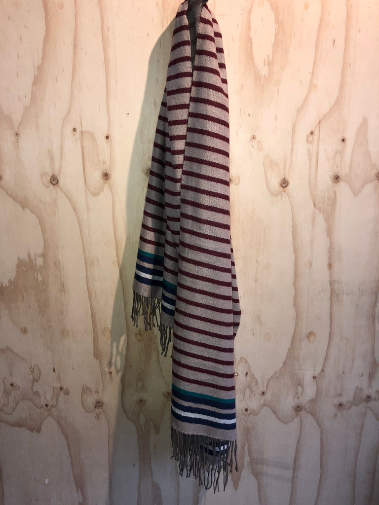 WOOLEN SCARF- STRIPED BEIGE AND BURGANDY