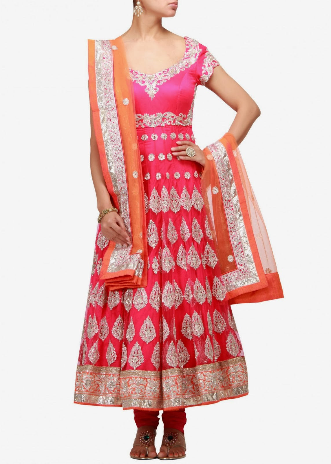 Pink color anarkali salwar kameez with orange dupatta