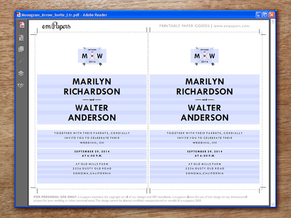 Printable Wedding Invitation - Monogram Arrows