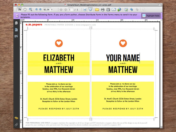 Printable Wedding Invitation PDF Template - Simple Heart