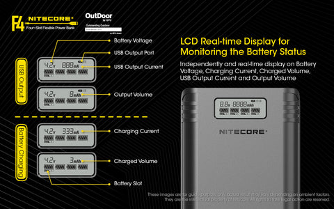 Nitecore F4 Four Slot Flexible Power Bank is a LSD real time display for monitoring the battery status.