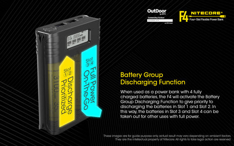 Nitecore F4 Four Slot Flexible Power Bank is a battery group discharging function.